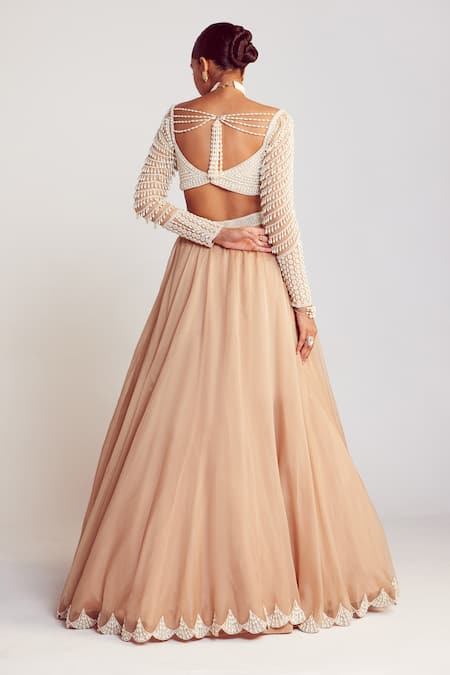 Vvani By Vani Vats Pearl Work Sweetheart Neck Blouse Lehenga Set 