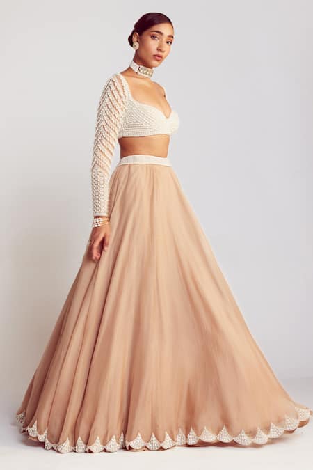 Vvani By Vani Vats_Beige Georgette, Organza, Silk Pearls Sweetheart Neck Work Blouse Lehenga Set _Online_at_Aza_Fashions