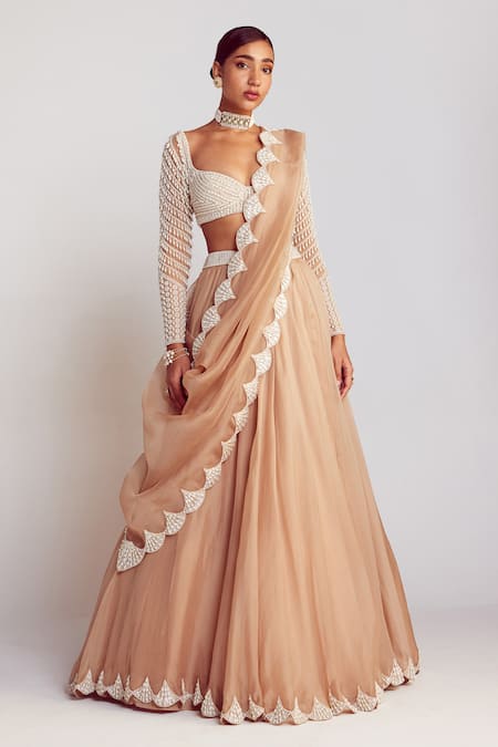 Shop_Vvani By Vani Vats_Beige Georgette, Organza, Silk Pearls Sweetheart Neck Work Blouse Lehenga Set _Online_at_Aza_Fashions
