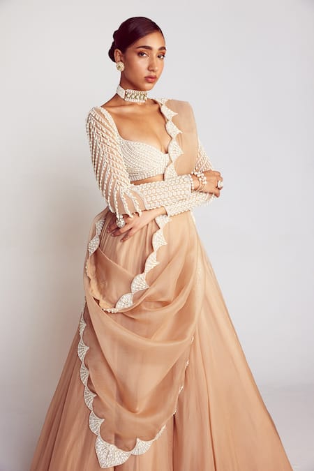 Vvani By Vani Vats_Beige Georgette, Organza, Silk Pearls Sweetheart Neck Work Blouse Lehenga Set _at_Aza_Fashions