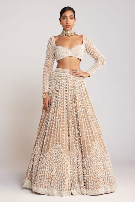 Vvani By Vani Vats Beige Georgette, Silk, Net Pearls Sweetheart Neck Embellished Bridal Lehenga Set Online at Aza Fashions Vvani By Vani Vats_Beige Georgette, Silk, Net Pearls Sweetheart Neck Embellished Bridal Lehenga Set _Online_at_Aza_Fashions