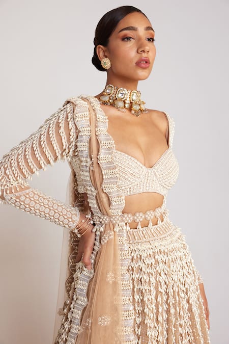 Shop Vvani By Vani Vats Beige Georgette, Silk, Net Pearls Sweetheart Neck Embellished Bridal Lehenga Set Online at Aza Fashions Shop_Vvani By Vani Vats_Beige Georgette, Silk, Net Pearls Sweetheart Neck Embellished Bridal Lehenga Set _Online_at_Aza_Fashions