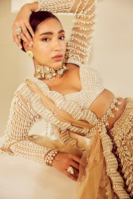 Vvani By Vani Vats Beige Georgette, Silk, Net Pearls Sweetheart Neck Embellished Bridal Lehenga Set at Aza Fashions Vvani By Vani Vats_Beige Georgette, Silk, Net Pearls Sweetheart Neck Embellished Bridal Lehenga Set _at_Aza_Fashions