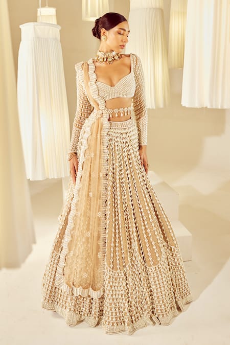 Buy Vvani By Vani Vats Beige Georgette, Silk, Net Pearls Sweetheart Neck Embellished Bridal Lehenga Set Buy_Vvani By Vani Vats_Beige Georgette, Silk, Net Pearls Sweetheart Neck Embellished Bridal Lehenga Set