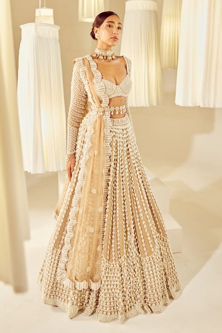 Shop Vvani By Vani Vats Beige Georgette, Silk, Net Pearls Sweetheart Neck Embellished Bridal Lehenga Set Shop_Vvani By Vani Vats_Beige Georgette, Silk, Net Pearls Sweetheart Neck Embellished Bridal Lehenga Set