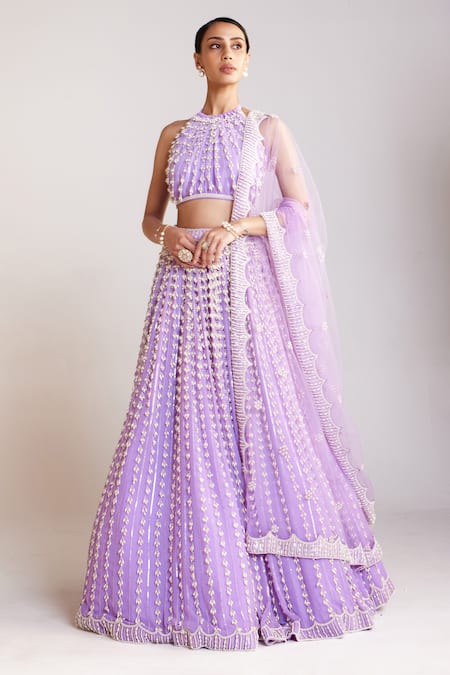 Vvani by Vani Vats Purple Blouse And Lehenga Georgette Embellished Chandelier Embroidered Skirt Set 