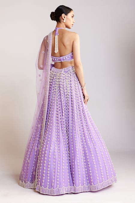 Shop Vvani By Vani Vats Purple Georgette, Net, Silk Pearls Halter Neck Chandelier Embroidered Skirt Set at Aza Fashions Shop_Vvani By Vani Vats_Purple Georgette, Net, Silk Pearls Halter Neck Chandelier Embroidered Skirt Set _at_Aza_Fashions