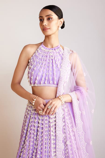 Vvani By Vani Vats Purple Georgette, Net, Silk Pearls Halter Neck Chandelier Embroidered Skirt Set Online at Aza Fashions Vvani By Vani Vats_Purple Georgette, Net, Silk Pearls Halter Neck Chandelier Embroidered Skirt Set _Online_at_Aza_Fashions