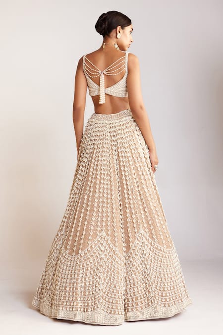 Shop_Vvani By Vani Vats_Beige Georgette, Silk, Net Pearls Chandelier Embellished Bridal Lehenga Set _at_Aza_Fashions