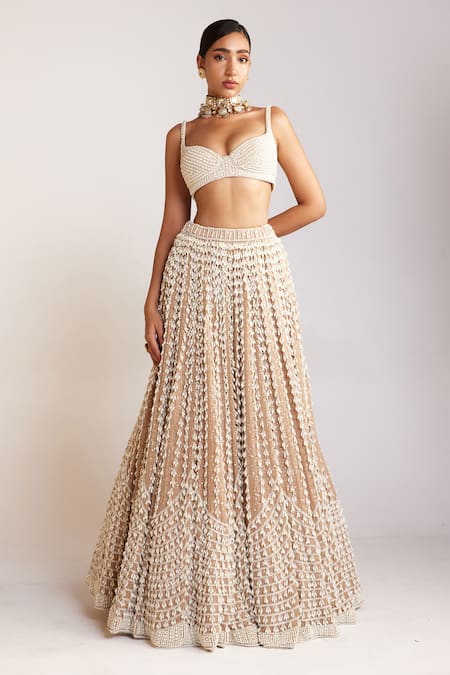 Vvani By Vani Vats_Beige Georgette, Silk, Net Pearls Chandelier Embellished Bridal Lehenga Set _Online_at_Aza_Fashions