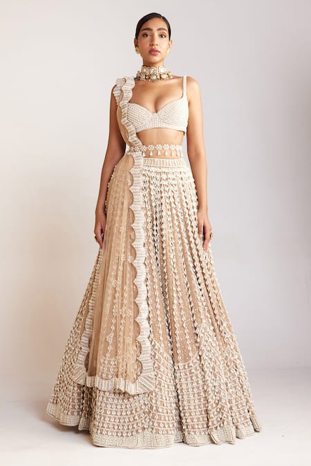 Buy_Vvani By Vani Vats_Beige Georgette, Silk, Net Pearls Chandelier Embellished Bridal Lehenga Set _Online_at_Aza_Fashions