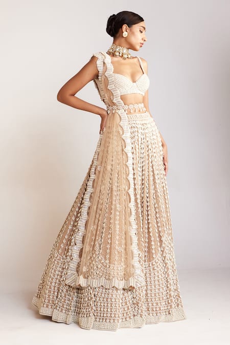 Shop_Vvani By Vani Vats_Beige Georgette, Silk, Net Pearls Chandelier Embellished Bridal Lehenga Set _Online_at_Aza_Fashions