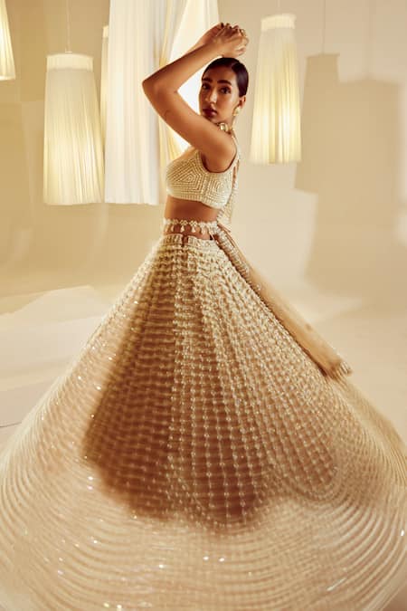 Shop_Vvani By Vani Vats_Beige Georgette, Silk, Net Pearls Chandelier Embellished Bridal Lehenga Set 