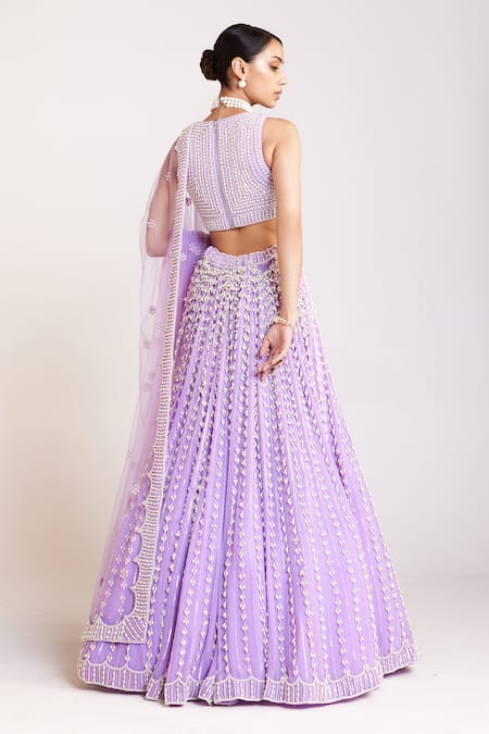 Shop_Vvani By Vani Vats_Purple Georgette, Silk, Net Pearls Plunge Chandelier Work Bridal Lehenga Set _at_Aza_Fashions