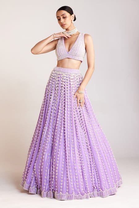 Vvani By Vani Vats_Purple Georgette, Silk, Net Pearls Plunge Chandelier Work Bridal Lehenga Set _Online_at_Aza_Fashions