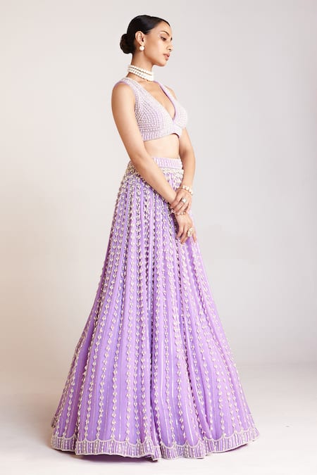 Buy_Vvani By Vani Vats_Purple Georgette, Silk, Net Pearls Plunge Chandelier Work Bridal Lehenga Set _Online_at_Aza_Fashions