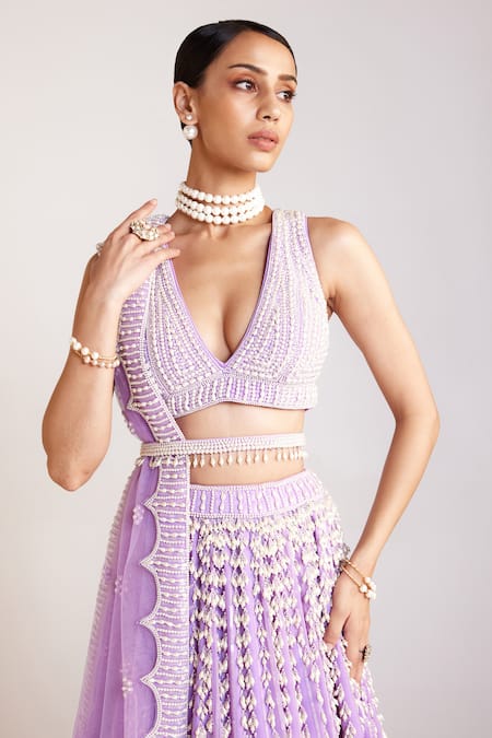 Vvani By Vani Vats_Purple Georgette, Silk, Net Pearls Plunge Chandelier Work Bridal Lehenga Set _at_Aza_Fashions