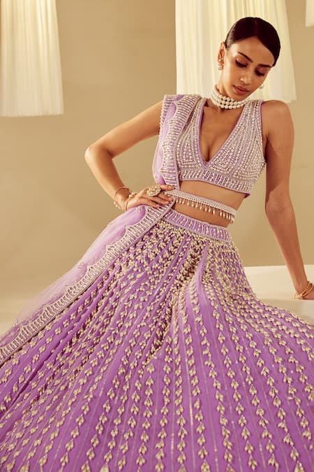 Buy_Vvani By Vani Vats_Purple Georgette, Silk, Net Pearls Plunge Chandelier Work Bridal Lehenga Set 