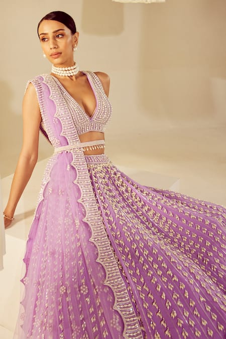Shop_Vvani By Vani Vats_Purple Georgette, Silk, Net Pearls Plunge Chandelier Work Bridal Lehenga Set 