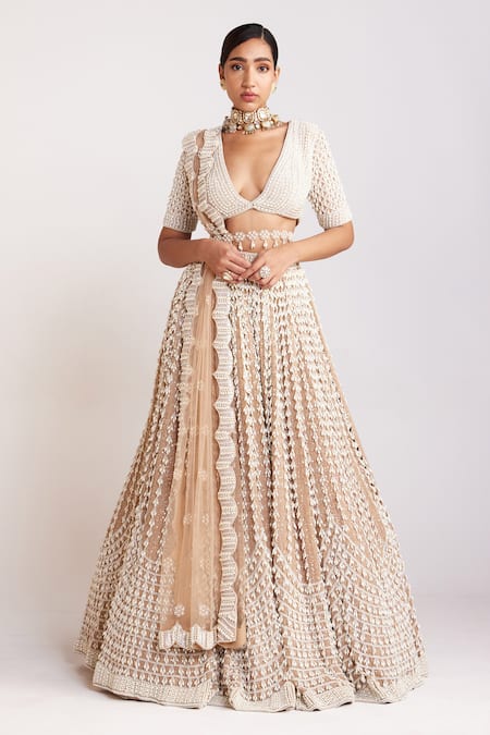 Vvani by Vani Vats Beige Blouse And Lehenga Georgette Embellished Chandelier Work Bridal Set 