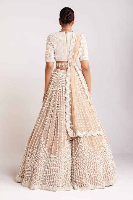 Shop_Vvani By Vani Vats_Beige Georgette, Silk, Net Pearls Plunge Chandelier Work Bridal Lehenga Set _at_Aza_Fashions