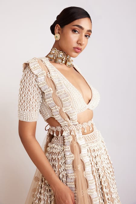 Vvani By Vani Vats_Beige Georgette, Silk, Net Pearls Plunge Chandelier Work Bridal Lehenga Set _Online_at_Aza_Fashions