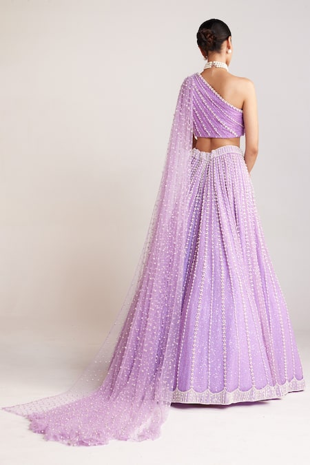 Shop Vvani By Vani Vats Purple Silk, Net Pearls One Shoulder Work Lehenga And Blouse Set at Aza Fashions Shop_Vvani By Vani Vats_Purple Silk, Net Pearls One Shoulder Work Lehenga And Blouse Set _at_Aza_Fashions