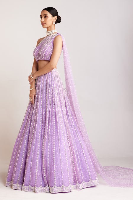Vvani By Vani Vats Purple Silk, Net Pearls One Shoulder Work Lehenga And Blouse Set Online at Aza Fashions Vvani By Vani Vats_Purple Silk, Net Pearls One Shoulder Work Lehenga And Blouse Set _Online_at_Aza_Fashions