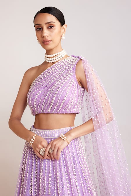 Buy Vvani By Vani Vats Purple Silk, Net Pearls One Shoulder Work Lehenga And Blouse Set Online at Aza Fashions Buy_Vvani By Vani Vats_Purple Silk, Net Pearls One Shoulder Work Lehenga And Blouse Set _Online_at_Aza_Fashions