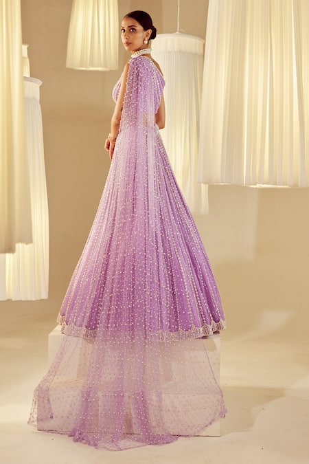 Shop Vvani By Vani Vats Purple Silk, Net Pearls One Shoulder Work Lehenga And Blouse Set Online at Aza Fashions Shop_Vvani By Vani Vats_Purple Silk, Net Pearls One Shoulder Work Lehenga And Blouse Set _Online_at_Aza_Fashions