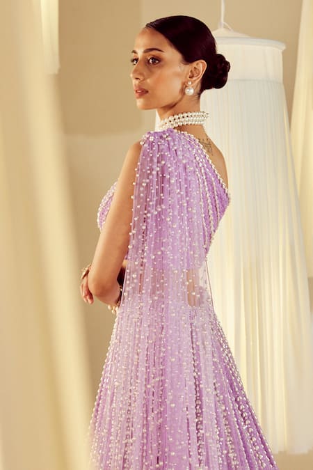 Vvani By Vani Vats Purple Silk, Net Pearls One Shoulder Work Lehenga And Blouse Set at Aza Fashions Vvani By Vani Vats_Purple Silk, Net Pearls One Shoulder Work Lehenga And Blouse Set _at_Aza_Fashions