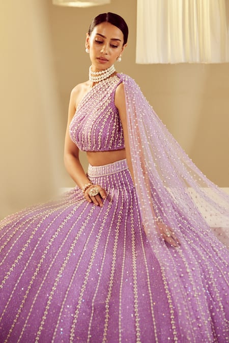 Buy Vvani By Vani Vats Purple Silk, Net Pearls One Shoulder Work Lehenga And Blouse Set Buy_Vvani By Vani Vats_Purple Silk, Net Pearls One Shoulder Work Lehenga And Blouse Set