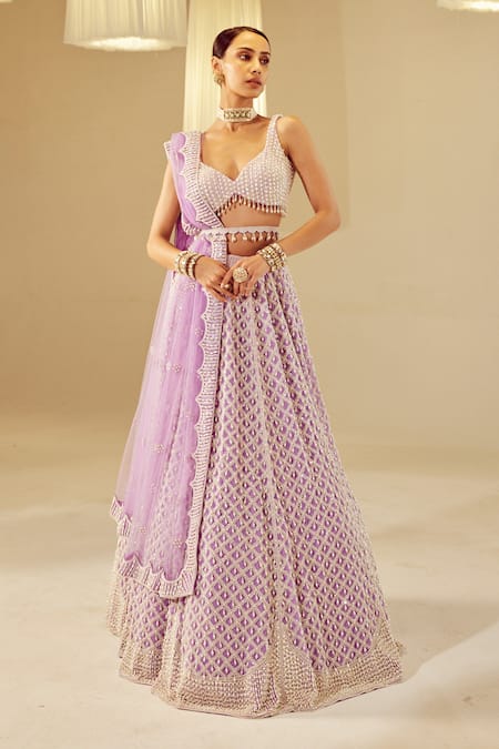 Vvani by Vani Vats Purple Blouse And Lehenga Georgette Embellished Pearls Drop Bridal Set 