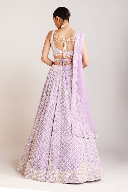 Shop_Vvani By Vani Vats_Purple Georgette, Silk, Net Pearls Drop Embellished Bridal Lehenga Set _at_Aza_Fashions