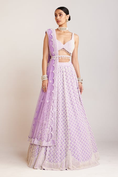 Vvani By Vani Vats_Purple Georgette, Silk, Net Pearls Drop Embellished Bridal Lehenga Set _Online_at_Aza_Fashions