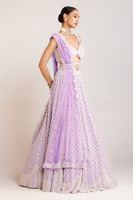 Buy_Vvani By Vani Vats_Purple Georgette, Silk, Net Pearls Drop Embellished Bridal Lehenga Set _Online_at_Aza_Fashions