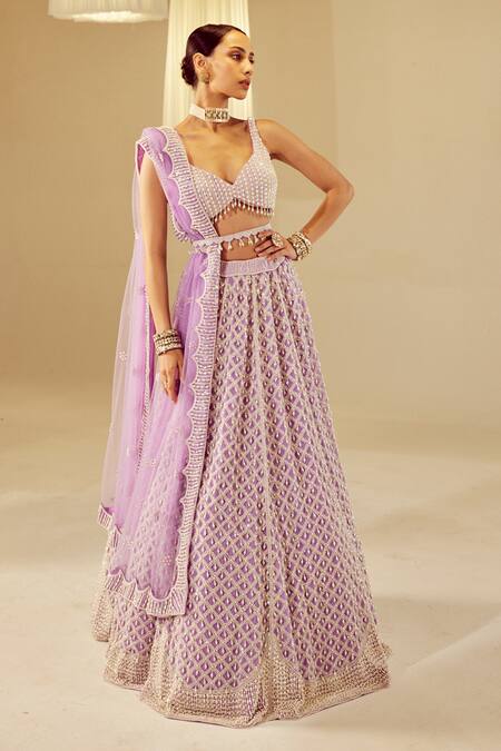 Shop_Vvani By Vani Vats_Purple Georgette, Silk, Net Pearls Drop Embellished Bridal Lehenga Set _Online_at_Aza_Fashions
