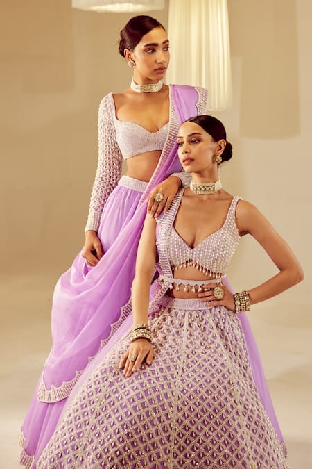 Vvani By Vani Vats_Purple Georgette, Silk, Net Pearls Drop Embellished Bridal Lehenga Set _at_Aza_Fashions