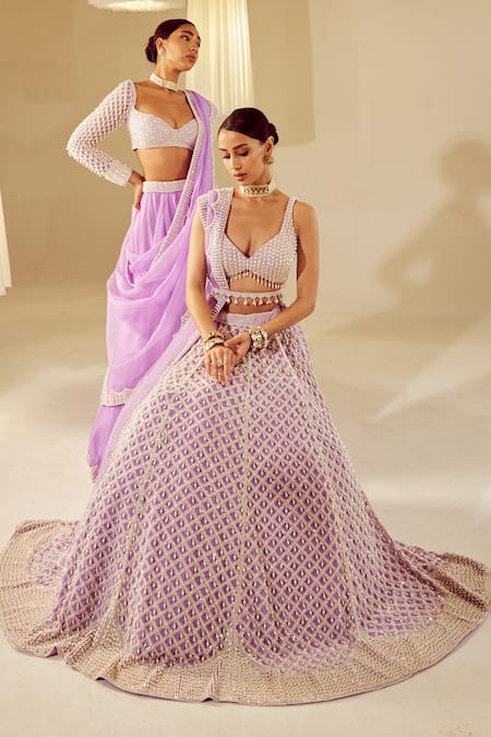 Buy_Vvani By Vani Vats_Purple Georgette, Silk, Net Pearls Drop Embellished Bridal Lehenga Set 