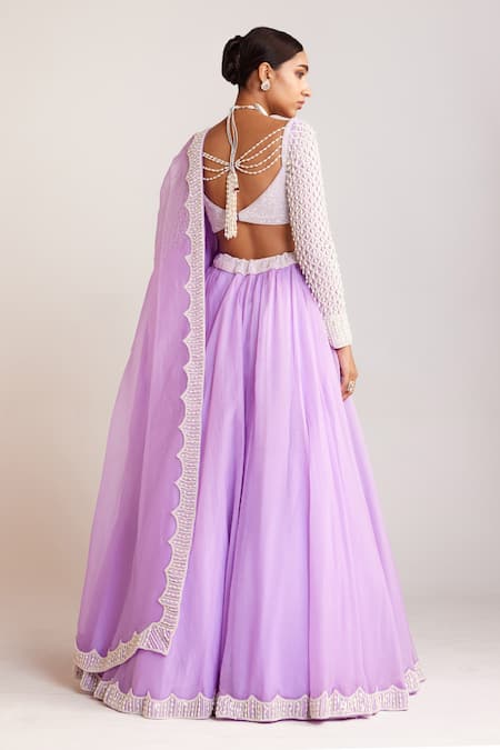 Shop_Vvani By Vani Vats_Purple Georgette, Organza Pearls Sweetheart Neck Flared Lehenga Set _at_Aza_Fashions