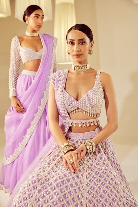 Shop_Vvani By Vani Vats_Purple Georgette, Organza Pearls Sweetheart Neck Flared Lehenga Set _Online_at_Aza_Fashions