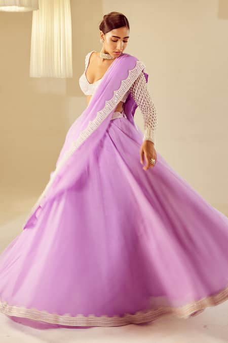 Buy_Vvani By Vani Vats_Purple Georgette, Organza Pearls Sweetheart Neck Flared Lehenga Set 
