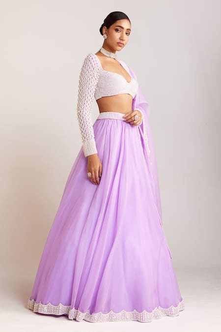 Shop_Vvani By Vani Vats_Purple Georgette, Organza Pearls Sweetheart Neck Flared Lehenga Set 