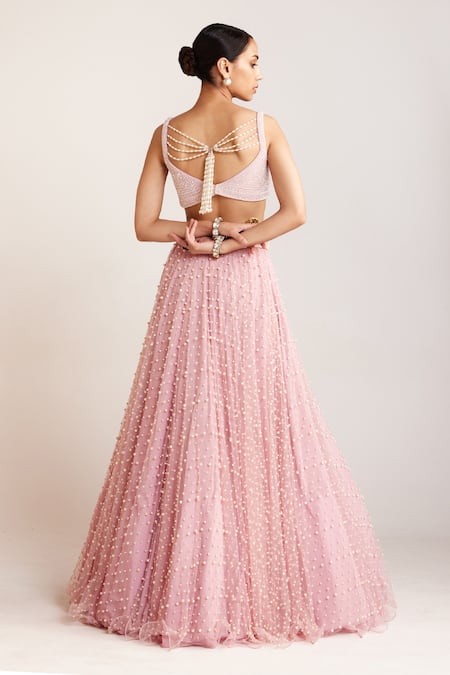 Shop_Vvani By Vani Vats_Pink Net, Georgette, Silk Pearls Dense Scattered Embellished Bridal Lehenga Set _at_Aza_Fashions