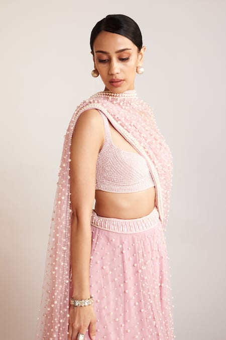Vvani By Vani Vats_Pink Net, Georgette, Silk Pearls Dense Scattered Embellished Bridal Lehenga Set _Online_at_Aza_Fashions