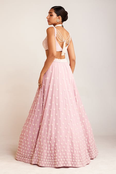 Shop Vvani By Vani Vats Pink Georgette, Net, Silk Pearls Flower Embellished Bridal Lehenga Set at Aza Fashions Shop_Vvani By Vani Vats_Pink Georgette, Net, Silk Pearls Flower Embellished Bridal Lehenga Set _at_Aza_Fashions