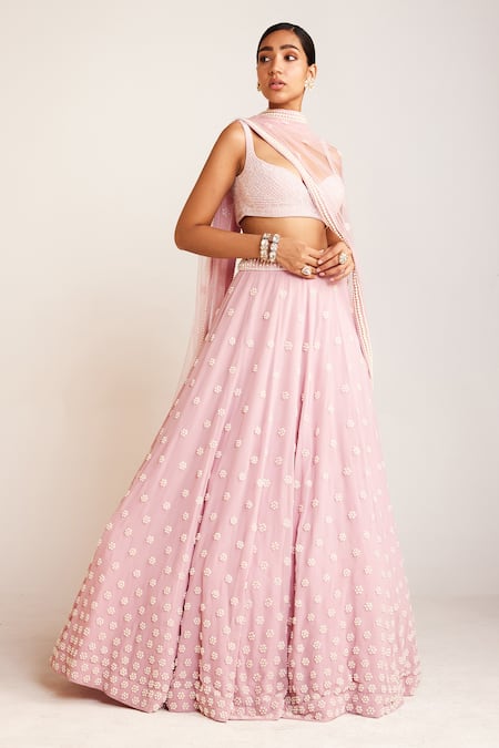 Vvani By Vani Vats Pink Georgette, Net, Silk Pearls Flower Embellished Bridal Lehenga Set Online at Aza Fashions Vvani By Vani Vats_Pink Georgette, Net, Silk Pearls Flower Embellished Bridal Lehenga Set _Online_at_Aza_Fashions
