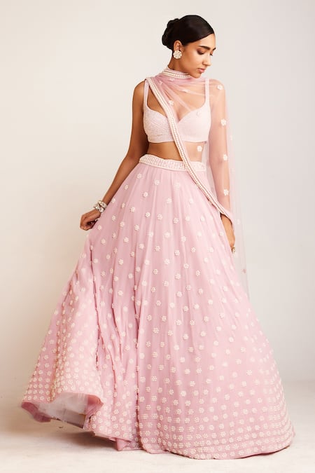 Buy Vvani By Vani Vats Pink Georgette, Net, Silk Pearls Flower Embellished Bridal Lehenga Set Online at Aza Fashions Buy_Vvani By Vani Vats_Pink Georgette, Net, Silk Pearls Flower Embellished Bridal Lehenga Set _Online_at_Aza_Fashions