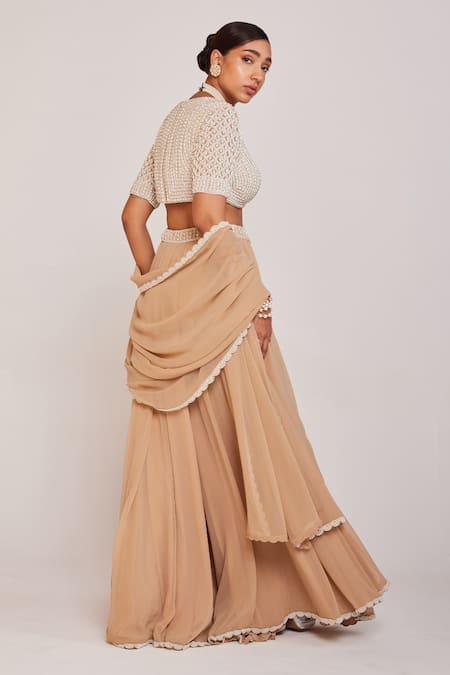 Shop Vvani By Vani Vats Beige Georgette, Silk Pearls, Beads Embellished Blouse With Lehenga Pant Set at Aza Fashions Shop_Vvani By Vani Vats_Beige Georgette, Silk Pearls, Beads Embellished Blouse With Lehenga Pant Set _at_Aza_Fashions