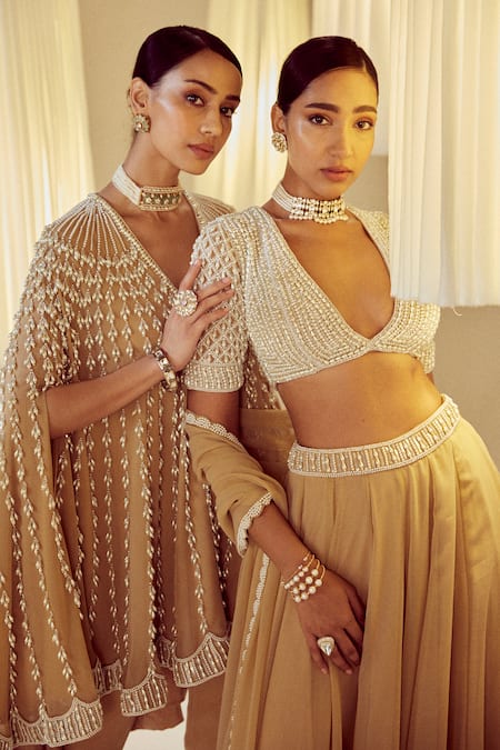 Buy Vvani By Vani Vats Beige Georgette, Silk Pearls, Beads Embellished Blouse With Lehenga Pant Set Online at Aza Fashions Buy_Vvani By Vani Vats_Beige Georgette, Silk Pearls, Beads Embellished Blouse With Lehenga Pant Set _Online_at_Aza_Fashions